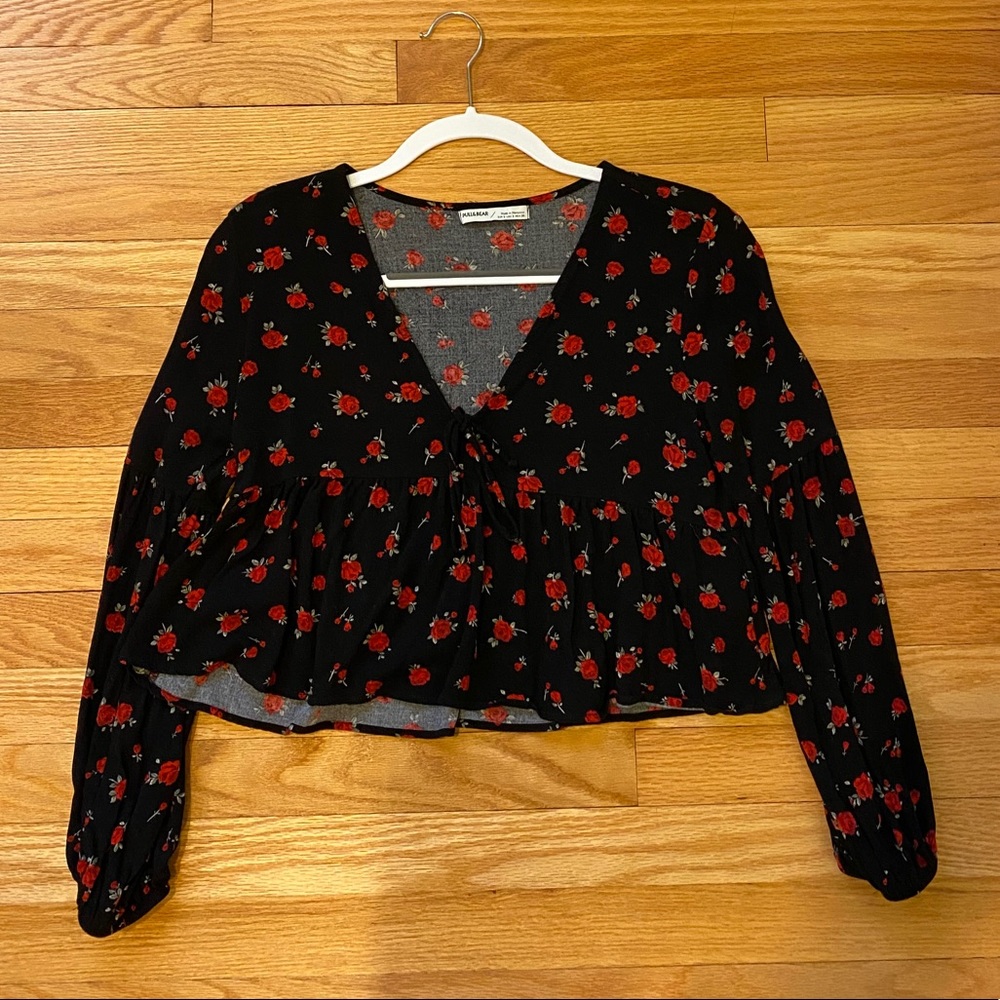 Pull and Bear Black Rose Tie Front top